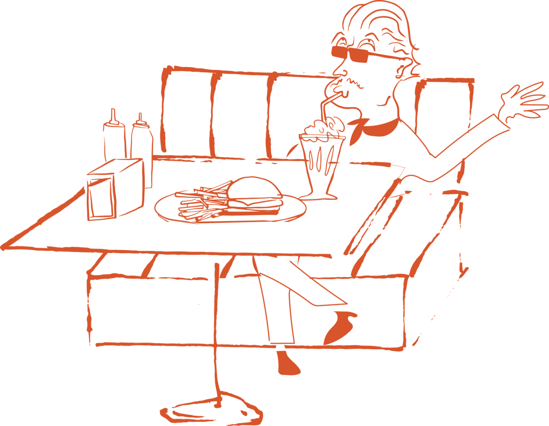 Illustration of a diner scene featuring a man sitting at a table with a burger and a drink, alongside condiments.